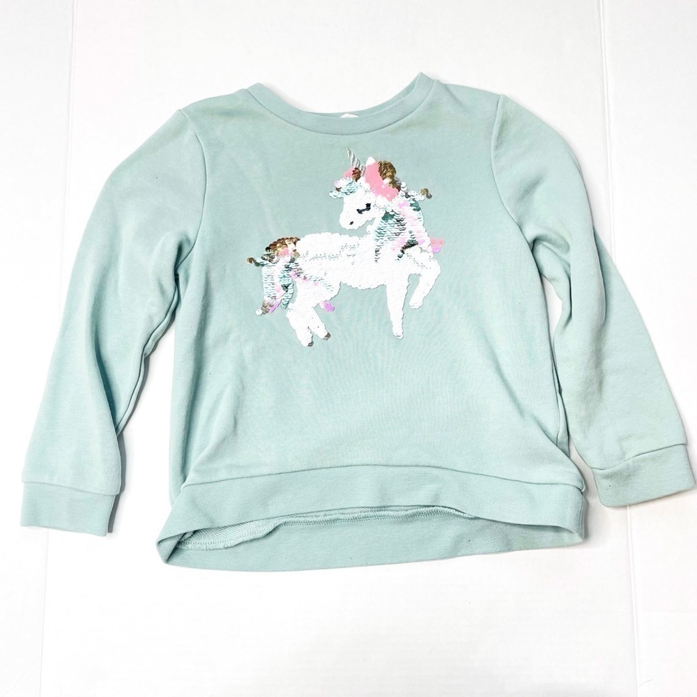 H&m Girl’s Mint Sequin Unicorn Long Sleeve Crewneck Sweatshirt Top Size 4-6Y